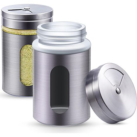 12 Pots à épices, Acier inoxydable 80ml, Fenêtre verre, Couvercle rotatif 3 modes, Cuisine restaurant (1/5)