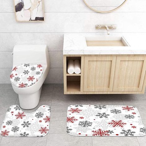 Set di 4 tende da doccia natalizie con motivo a fiocchi di neve. Set di accessori da bagno impermeabili con tappetini da bagno e prodotti per la cura della pelle. Design invernale. (1/5)