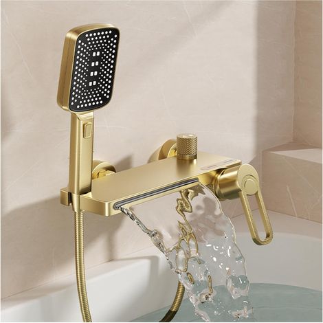 Badewannenarmatur Gold mit Handbrause, Mischbatterie Badewanne Wasserfall Armatur Wasserhahn Badewanne Heiß oder Kalt Duschamaturenset Messing Wannenarmatur mit Brause (1/5)