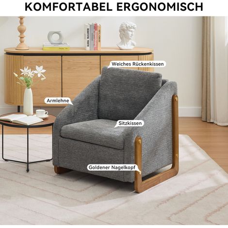 Fauteuil d'appoint moderne avec accoudoirs en bois, coussin dossier, tissu chenille gris, 73,5 x 73,5 x 73,5 cm, salon & séjour (1/4)
