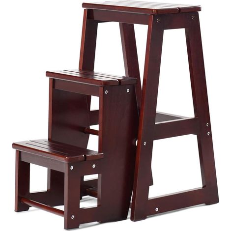 COSTWAY Escalera Silla de Madera Plegable Multifunción Escalera Banqueta Taburete Estantería Escalón para Baño Hogar Decoración (Marrón oscuro)