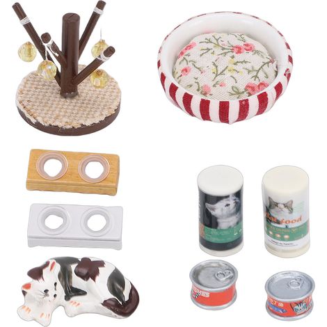 Ensemble Figurines Chat Maison de Poupée Accessoires Miniatures Réalistes Échelle 1/12 avec Lit Gamelle Griffoir (1/5)