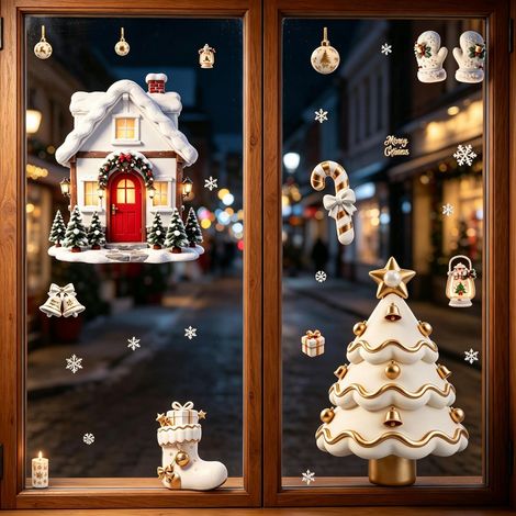 Autocollants de Noël populaires en platine pour fenêtres, autocollants en verre Père Noël, sapin de Noël, bonhomme de neige, autocollants statiques de maison de Noël