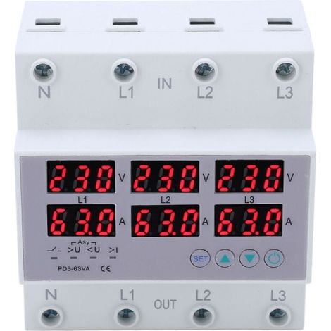 Voltímetro amperímetro trifásico de riel DIN con protección automática contra sobretensión y sobrecorriente, CA 390-500 V, 63 A (1/4)