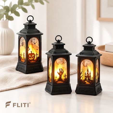 3 Pièces Lanterne à bougie LED d'Halloween, Lampe à huile LED Halloween décorative, Citrouille Main fantôme Château Halloween Lanterne suspendue en plastique d'extérieur pour Décor de fête (1/5)