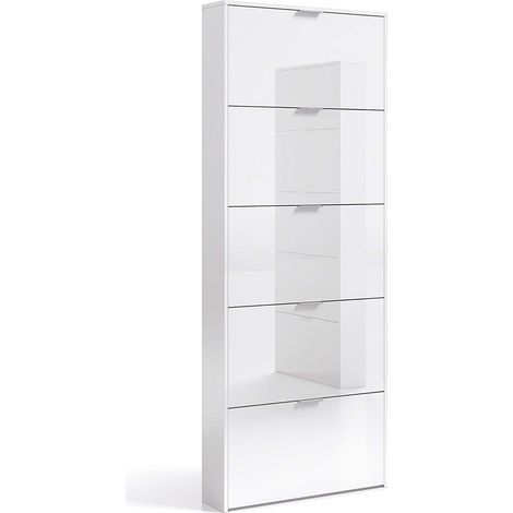 Scarpiera Armadio con 5 Ante Ribaltabili in Legno, Mobile Porta Scarpe Scaffale Mensola Organizzatore per Casa, Ingresso 70 × 17 × 180 Cm Bianco Lucido