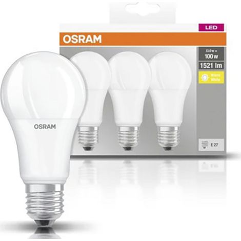 OSRAM LED Base Classic A, in Kolbenform mit E27-Sockel, Nicht Dimmbar, Ersetzt 100 Watt, Matt, Warmweiß - 2700 Kelvin, 3er-Pack (1/4)