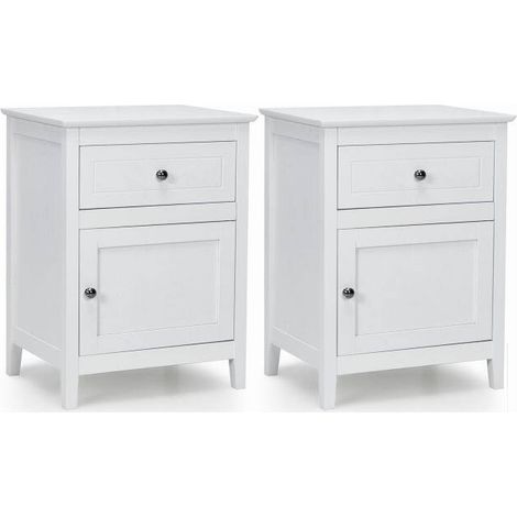 Set de 2 tables de chevet en pin avec tiroir et porte, table d'accent 2 niveaux, table d'appoint - blanc (1/2)