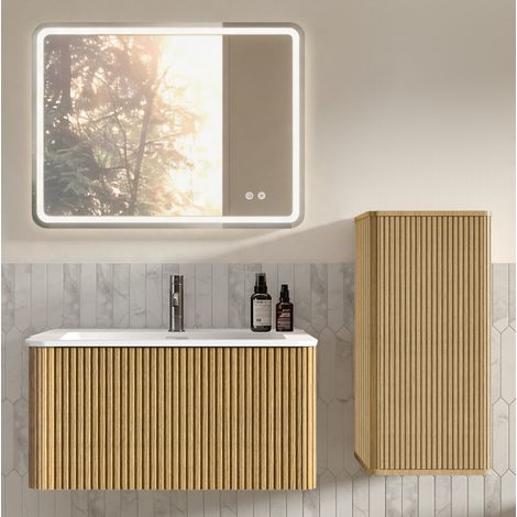 Conjunto de muebles de baño suspendidos de 80 cm con lavabo, espejo LED y columna lateral roble (1/5)