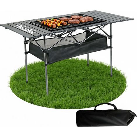 Table de camping pliable portable – Table de pique-nique et barbecue extérieure, rangement supplémentaire avec filet, idéale pour camping, plage et pêche – Noir (1/5)