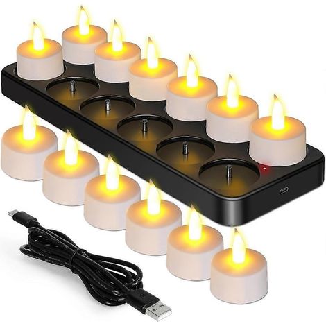 Bougies chauffe-plat rechargeables (lot de 12) sans flamme à effet vacillant, avec télécommande, minuteur et base de chargement, décoration (1/5)
