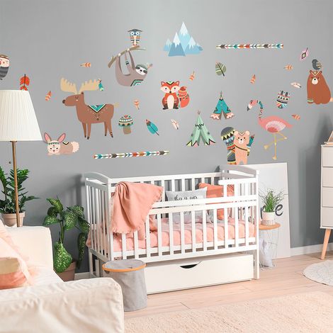 Stickers muraux enfants - Autocollant mural géant enfant montagnes scandinaves ANIMAUX DES MONTAGNES ET PLUMES INDIENNES - 60x90cm (1/5)