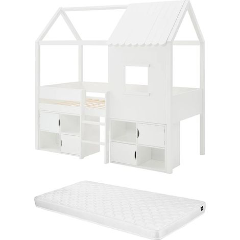 Lit mi-hauteur cabane 90 x 190 cm - Pin et MDF - Blanc + Matelas - VALESKIA (1/5)