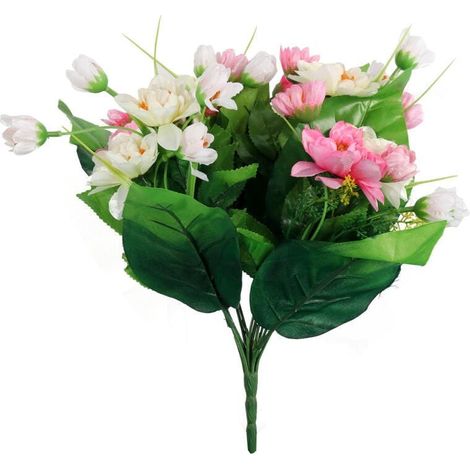 Ramo de 12 dalias pequeñas de hojas grandes de 42 cm, de color rosa y blanco. (1/3)