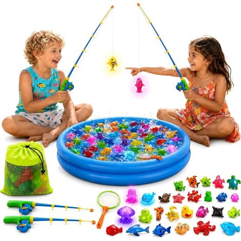 XXL Magnetic Fishing Game with 5 Luminous LED Fish - Water Toys Set for 2 Players Including Paddling Pool - Night in Pool and Garden - Summer Gift for Children 3-5 Years (1/5)