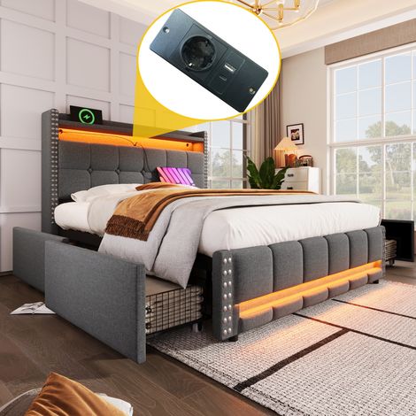 Letti per adulti 140x200 cm con 4 cassetti, letto matrimoniale, LED, USB, lino, grigio (1/5)