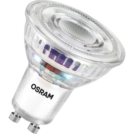 OSRAM LED à réflecteur de classe énergétique PAR16 de 2,5 W, 450 lm, blanc chaud (2700 K) en verre transparent sans plomb avec culot GU10 de classe d'efficacité énergétique A, diamètre 50 mm, IP20.