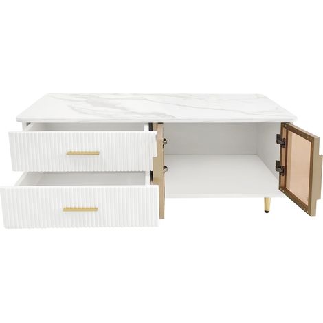 Set table basse et meuble TV blanc effet marbre, verre trempé et détails dorés, MODENUIT (1/5)