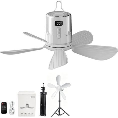 Ventilateur de camping portable avec lumières, ventilateur de plafond à DEL à suspendre avec télécommande et minuterie, ventilateur de tente rechargeable sans fil de 40 cm, 4 vitesses et (1/5)
