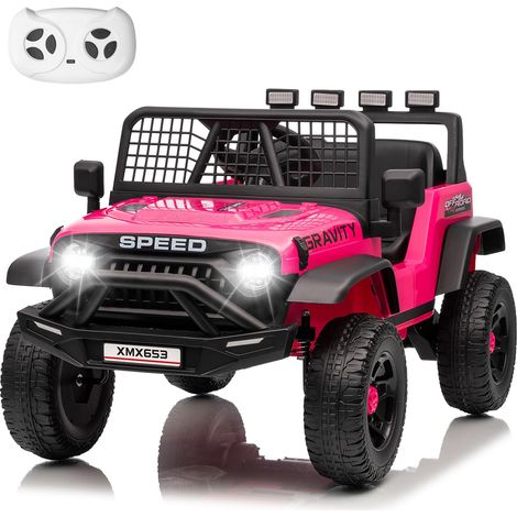 Voiture électrique tout-terrain 12 V pour enfants - 2 modes de conduite, télécommande parentale, ceinture de sécurité, lumières LED et musique pour jouer à l'intérieur et à l'extérieur - Rose rouge