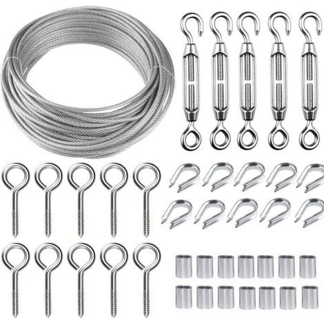 30M Corde en Acier Inoxydable à Suspendre Kit,Kit Cable Métallique,2mm Cable en Acier Inoxydable Revêtu,avec M5 Tendeur Cable et Crochets à Oeil,pour Plantes Grimpante,Rambarde,Corde a linge (1/4)
