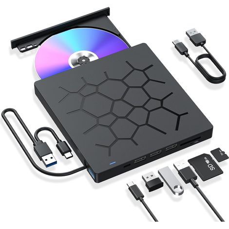 Lecteur CD/DVD externe pour ordinateurs portables, lecteur DVD portable USB 3.0 7 en 1, graveur CD-ROM, lecteur optique externe, compatible avec les ordinateurs portables et les PC. (1/5)