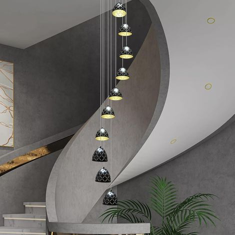 Modern LED Dimmable High Ceiling Chandeliers for Staircase, Black Hollow Out Design Large Chandelier with Remote, 10-Lights Long Semi Flush Mount Pendant Lighting Fixture for Entryway, Foyer (1/5)