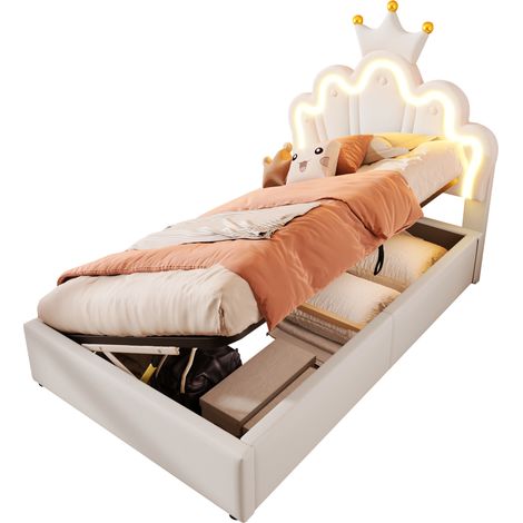 Lit rembourré 90 x 200 cm avec LED, tête de lit réglable, rangement hydraulique, design couronne, sans matelas, blanc - CHICFURN (1/5)