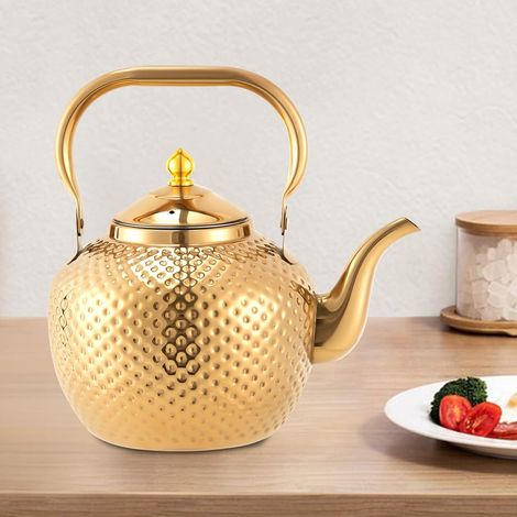 Théière en acier inoxydable de couleur dorée de 2 l, bouilloire en acier inoxydable, cafetière avec infuseur, bouilloire à eau, bouteille d'huile, pour les familles, les restaurants, le camping (1/5)