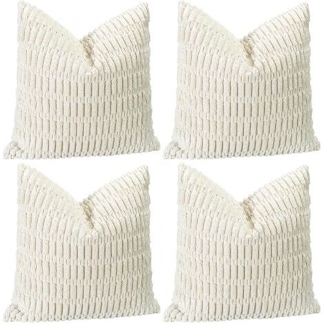 Lot de 4 housses de coussin décoratives en velours côtelé doux 45 x 45 cm, carrées à rayures pour canapé, chambre, ferme, taies d'oreiller de décoration intérieure bohème (blanc crème)
