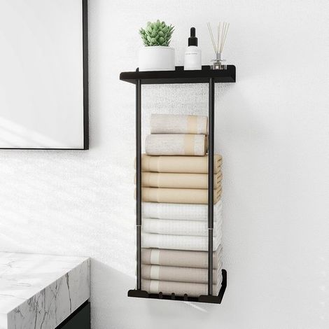 Porte-serviettes mural extensible 38-75 cm en acier au carbone, avec étagère supérieure et crochets, rangement pour salle de bains, noir (1/5)