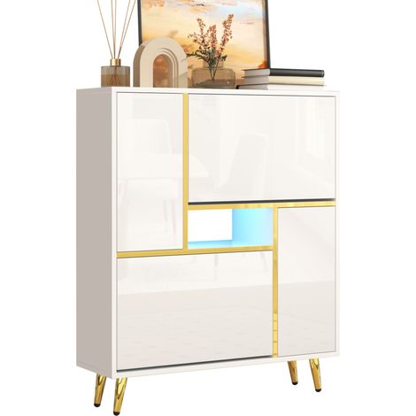 Meuble à chaussures blanc brillant avec LED 16 couleurs, étagères réglables et portes à fermeture douce, design moderne pour entrée, couloir ou chambre CHICFURN (1/5)