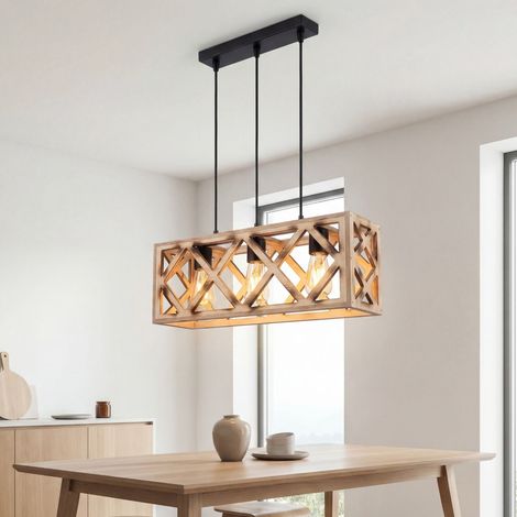 Hängeleuchte Metall Holz E27 H: max. 105 cm Schwarz geflammtes 3-flammig länglich Modern