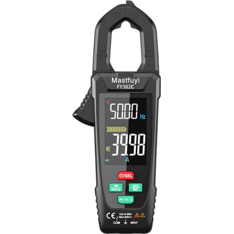 Pinza amperimétrica digital, RMS 6000 cuentas, pantalla LCD a color, VFC, NCV, prueba de temperatura, AC/DC FY382C