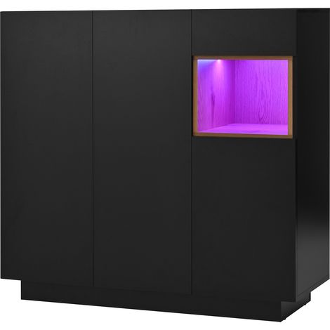 Zapatero con cajón, baldas ajustables y LED, negro y efecto madera (1/5)