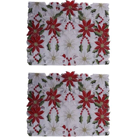 Chemin de table brodé de Noël (lot de 2), motif houx et poinsettias, idéal pour les décorations de Noël, 38 x 178 cm (15 x 70 pouces). (1/5)