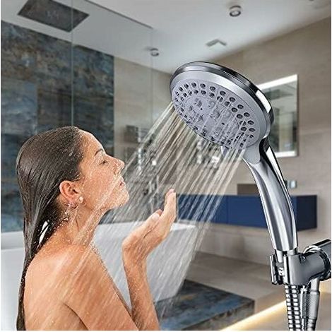 Hochdruck-Duschkopf mit 1,5 m langem Chromschlauch, kraftvollem Strahl und 5 Strahlarten, ideal zum Wassersparen, perfekt für Erwachsene, c-AquaForge