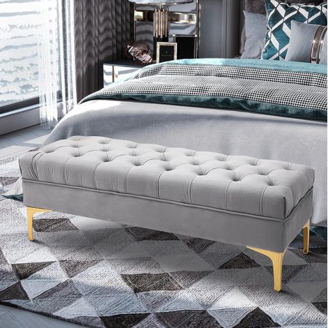 Banc de lit en velours gris clair 118 x 45 x 42 cm, pieds métalliques dorés, 120 kg DESVIAE (1/5)