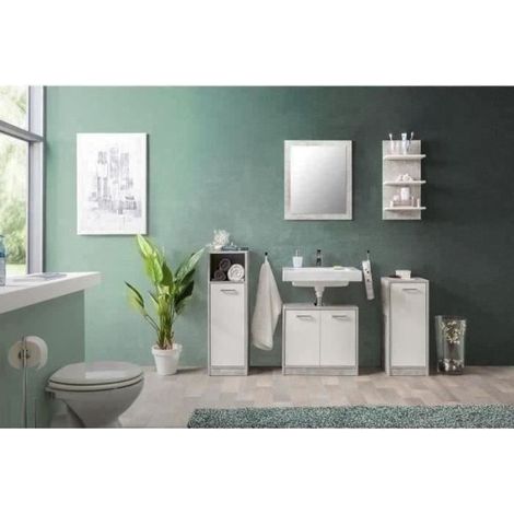 Salle de bain complete - Blanc et gris béton - 1 meuble sous lavabo + 1 étagere + 2 rangements bas - MADEIRA (1/5)