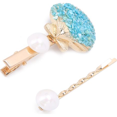 Épingle à cheveux métal coquillage nacré bleu lac, barrette fille perle imitation, décoration cheveux élégante cadeau. (1/5)