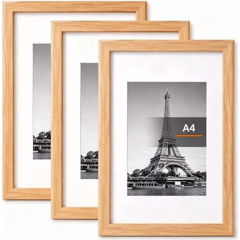 Ensemble de trois cadres photo décoratifs et créatifs, parfaits pour la maison ou à poser, pour photos, images, affiches, puzzles, etc. [Finition bois] Format A4. (1/5)
