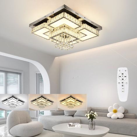 Plafonnier LED moderne en cristal 48W 50 cm – Télécommande, variation continue et 3 couleurs réglables pour salon et chambre