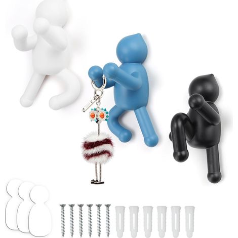 Patere Porte Manteau, 3 Pièces Formes de Gens Drôles Patere Murale, Décoratif Crochet Mural, Idéal pour Vestes, Foulards, Sacs, Clés, Noir, Blanc, Bleu (1/5)