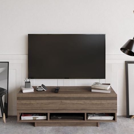 Meuble tv celestia de 120 cm placard abattant etagères ouvertes