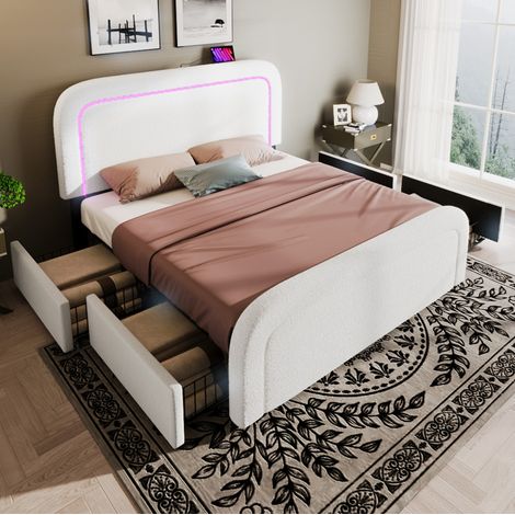 Lit double rétro en sherpa blanc 160x200 cm avec tête de lit réglable, LED, USB-C, 4 tiroirs, sommier à lattes et matelas