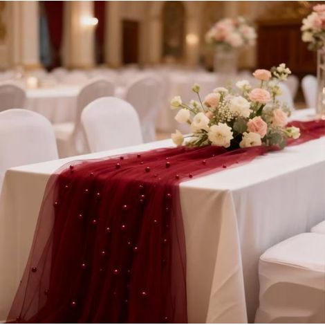 Dos caminos de mesa de malla nacarada de 0,75 m x 3 m, manteles transparentes de temporada para cenas, fiestas, bodas, cumpleaños, Rojo Burdeos (1/5)