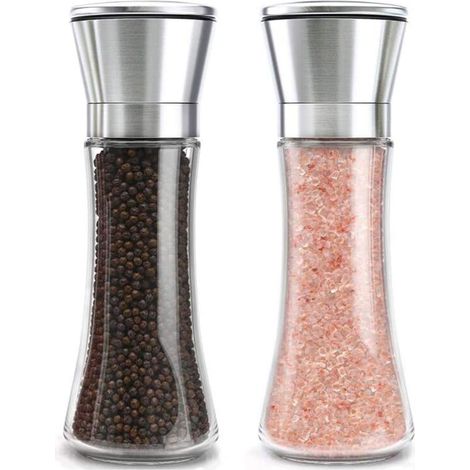 2 moulins à sel et poivre, inox et verre, mouture réglable (1/5)