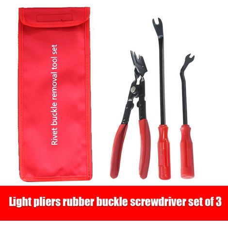 Kit de réparation combiné pour garnitures automobiles : 3 pinces à clips et outil de retrait de fixations, avec sac de rangement pour panneaux de porte et tableau de bord. (1/5)