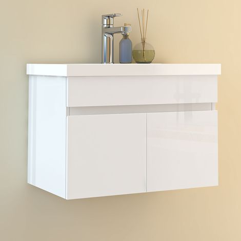 Waschtisch mit Unterschrank 60cm Badmöbel Set mit Waschbecken Mineralguss Gäste WC Hochglänzend Weiß (1/5)