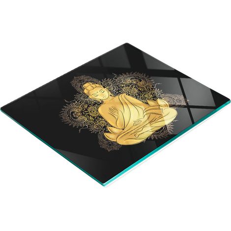 Tabla de cocina de vidrio duradera y elegante con dise帽o de Buda sentado, 60x52 cm.